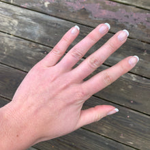 Load image into Gallery viewer, Hand with painted French manicure pink and white on a wooden surface